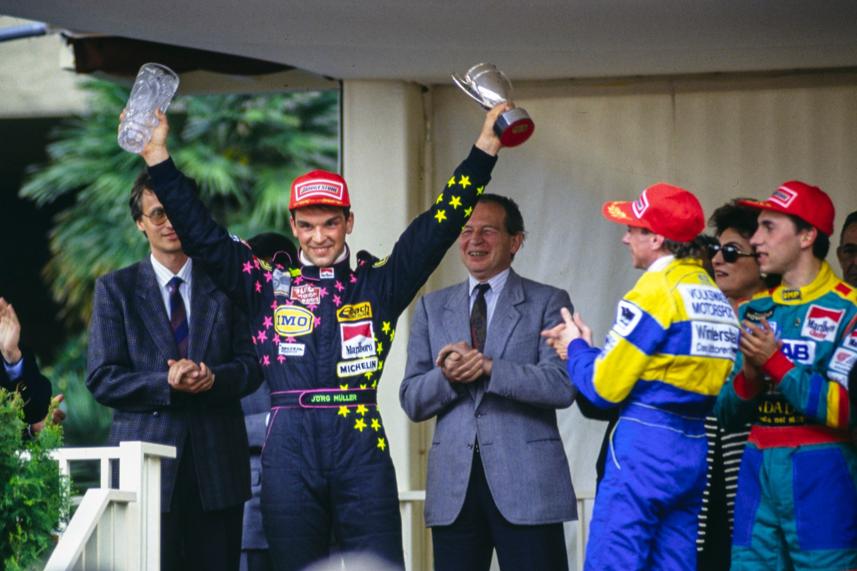 Jorg Muller celebrates victory in the 1991 Monaco F3 GP support race