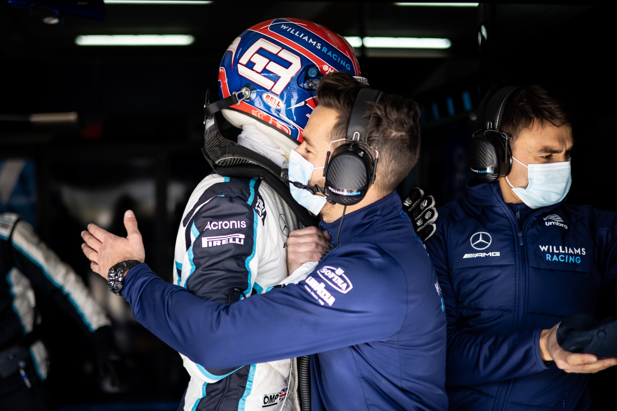 George Russell congratulated by his team after qualifying 12th for the Emilia-Romagna GP