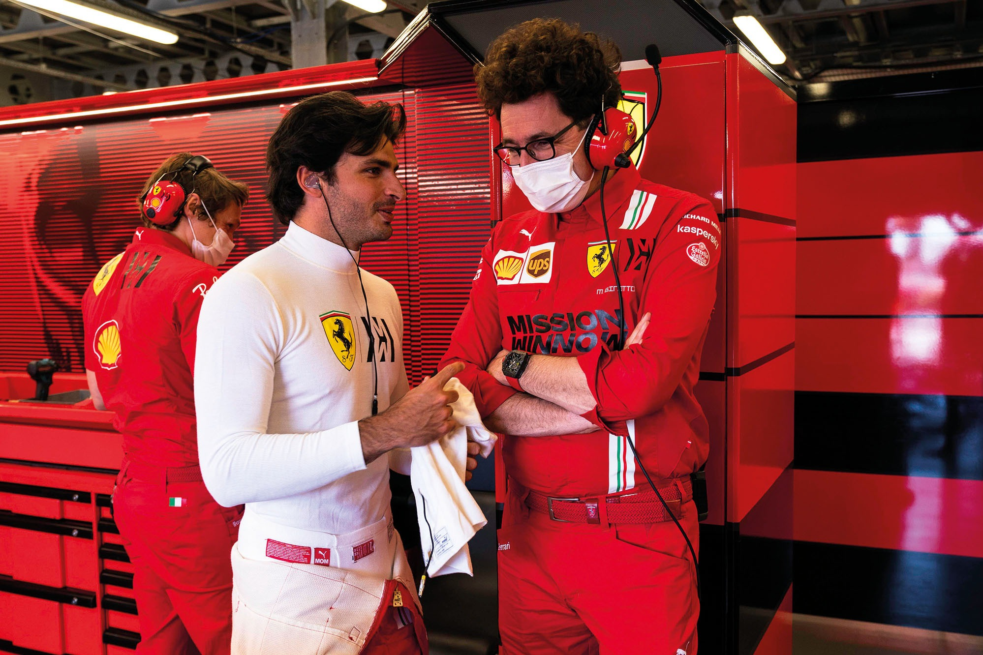 Carlos Sainz Jr and Ferrari team principal Mattia Binotto at the 2021 Azerbaijan GP