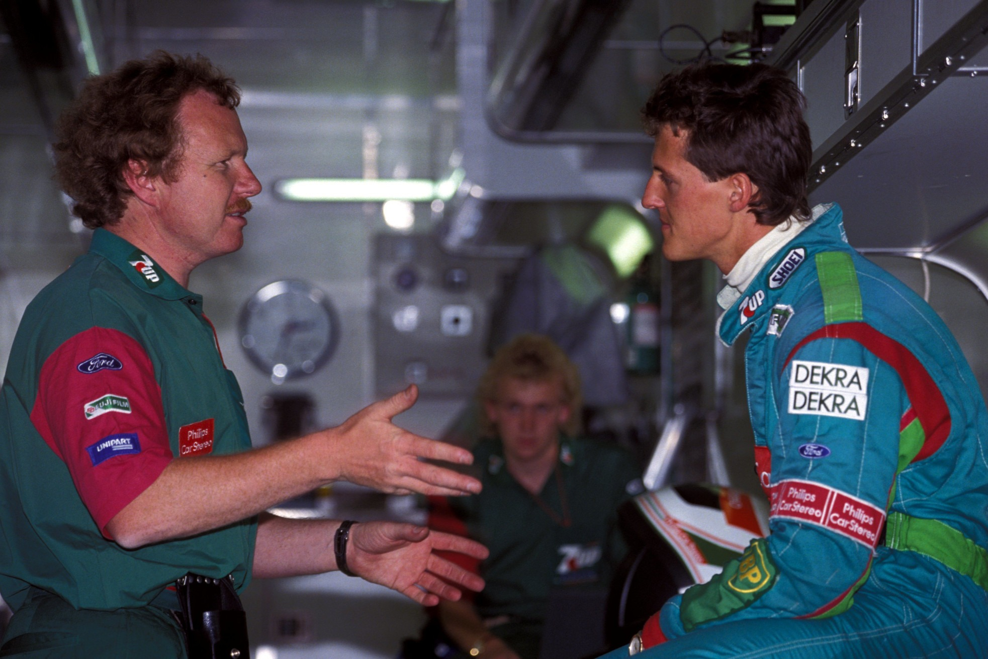 Schumacher had never previously driven at Spa, so Foster (left) asked De Cesaris for his input