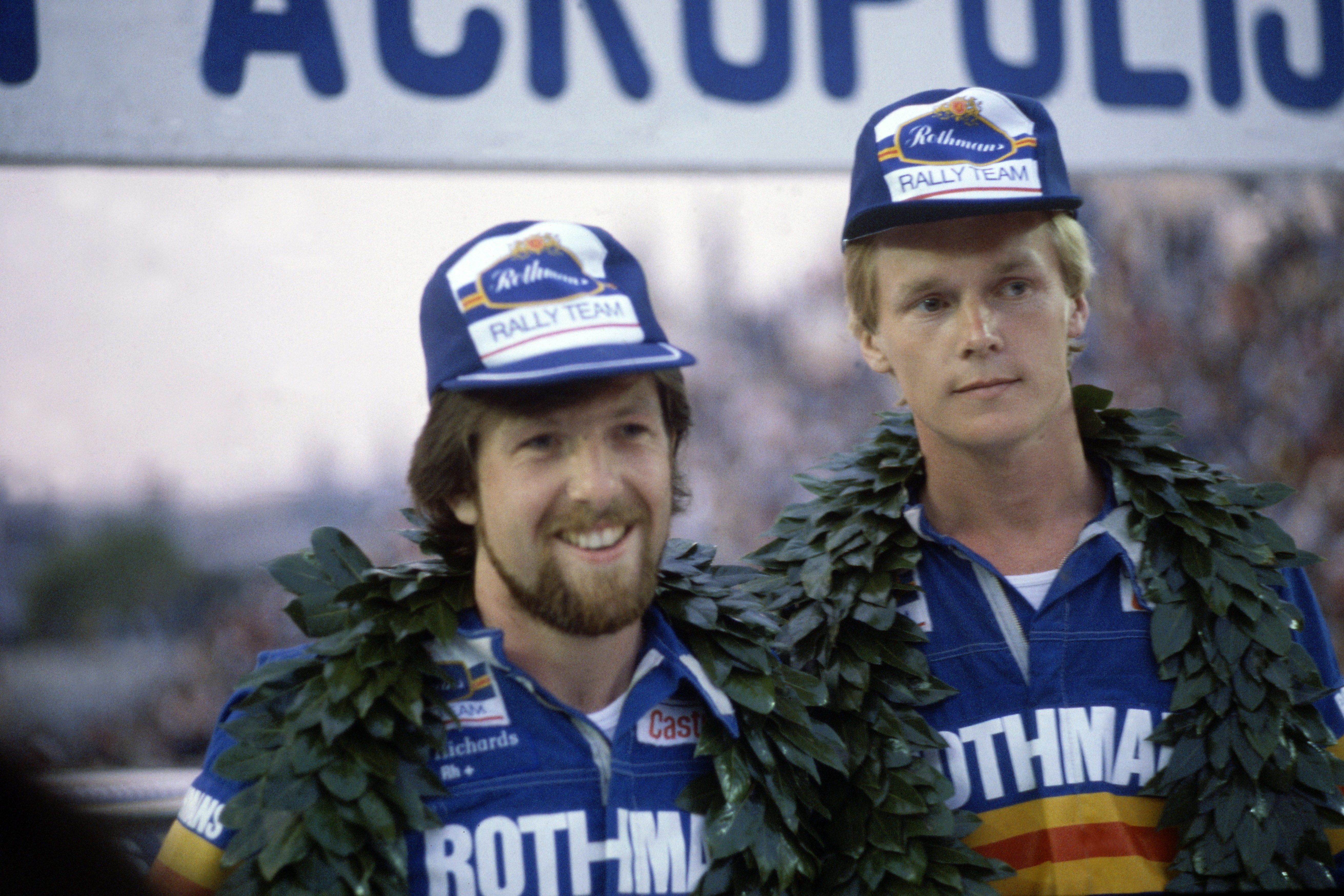 David Richards (left) and Ari Vatanen (right), after winning the 1980 Rally Acropolis