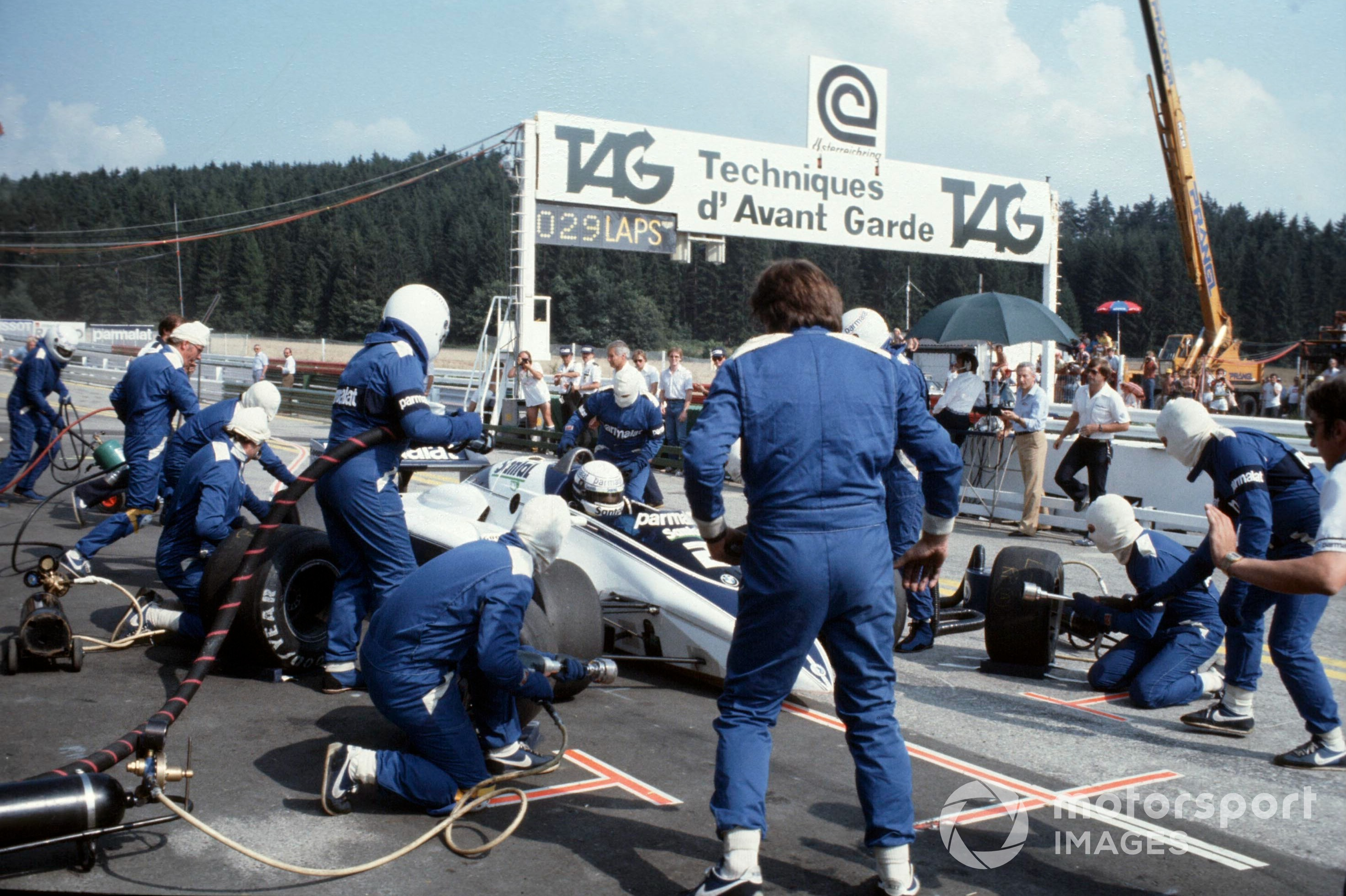 Riccardo Patrese in the Brabham comes in for a pitstop in the 1982 Austrian GP