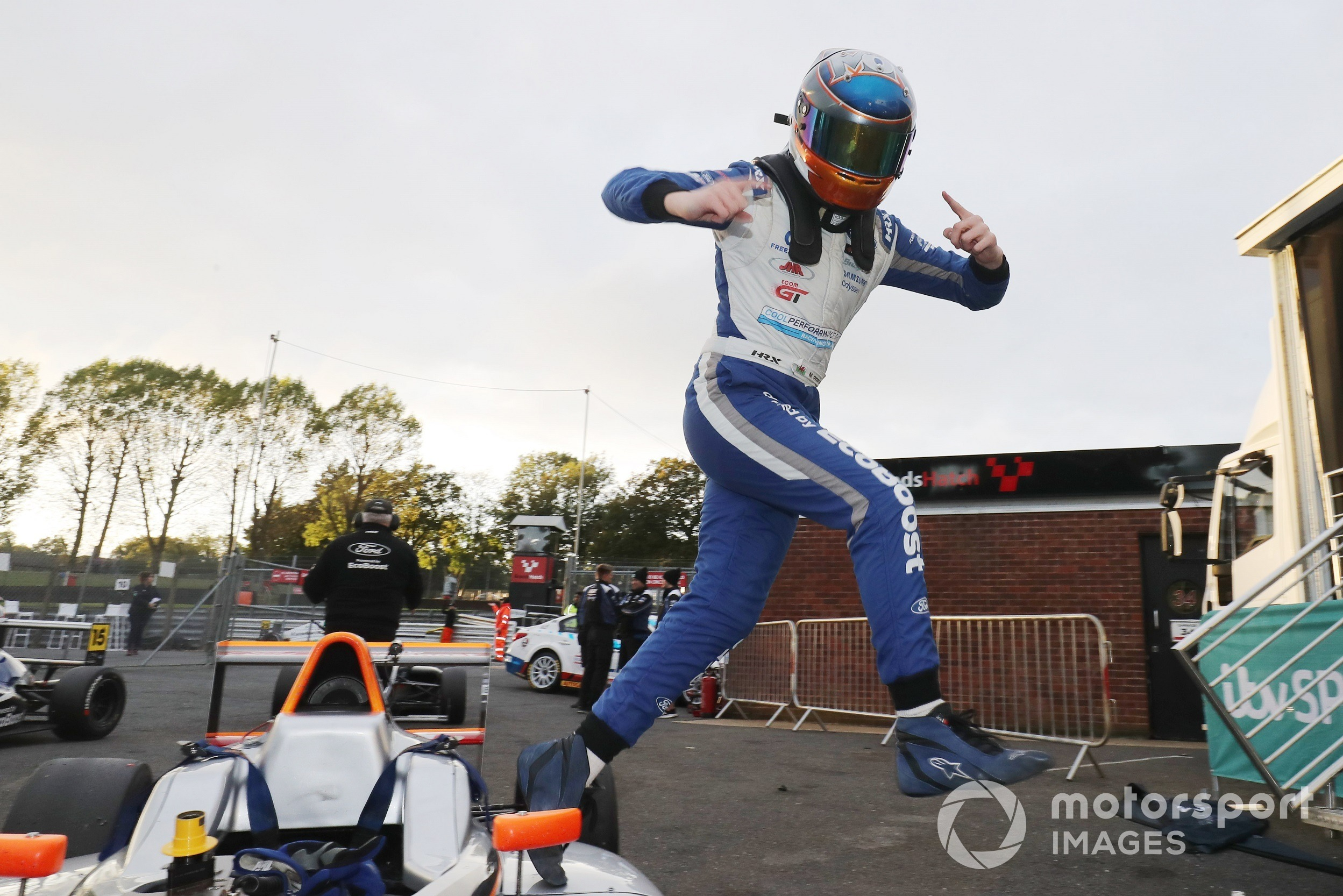 Matthew Rees celebrating winning the British Formula 4 title