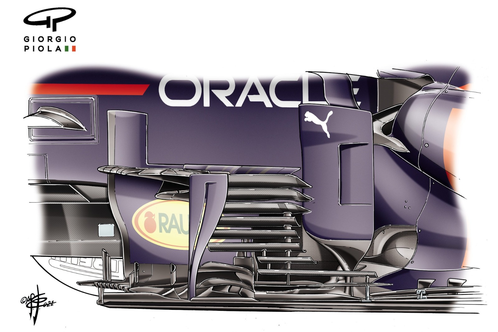 Red Bull's bargeboards resembled Venetian blinds with an ever-increasing array of horizontal components designed to improve downforce and airflow