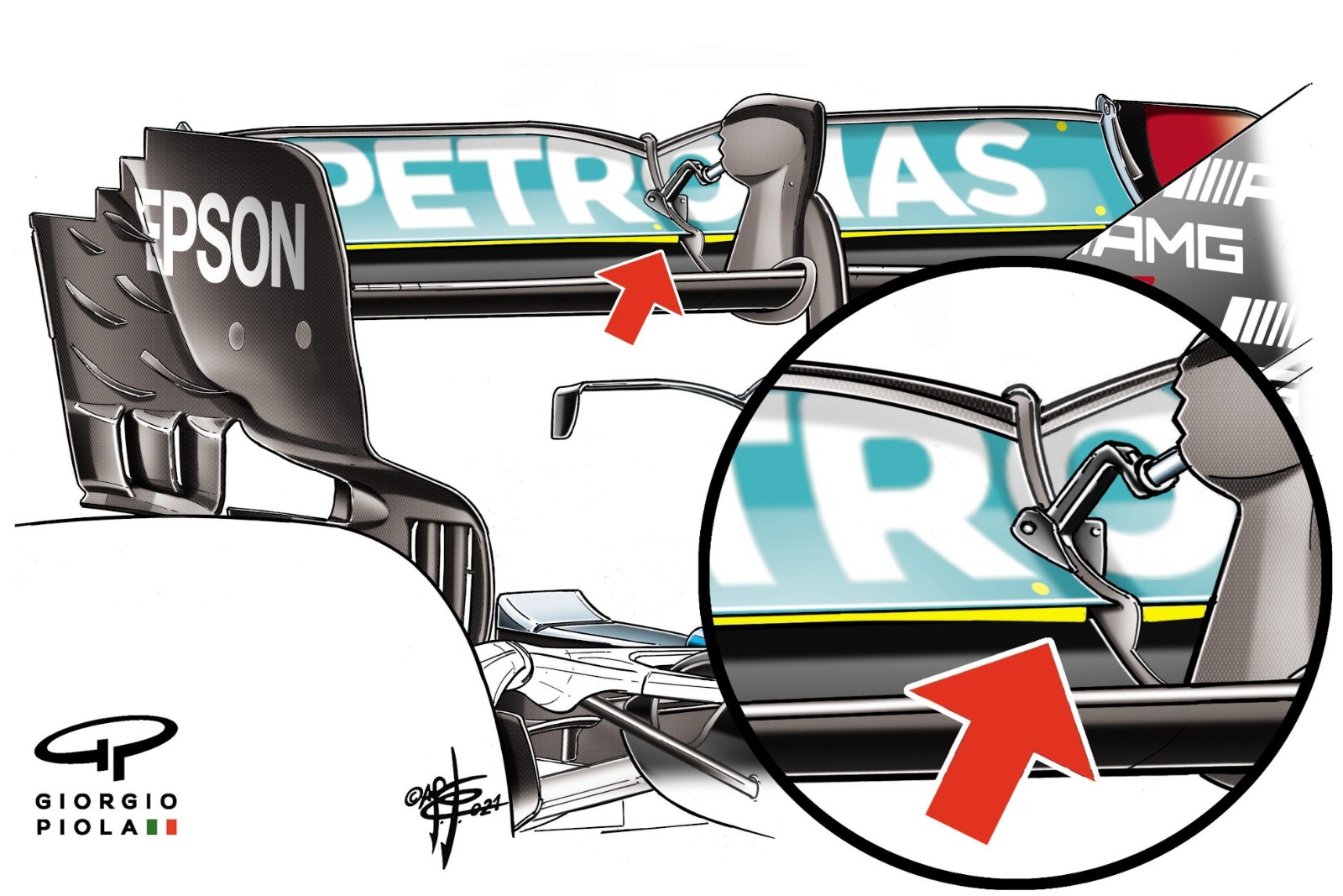 Red Bull alleged marks 
on Mercedes’ wing were 
sign of shifting trailing edge