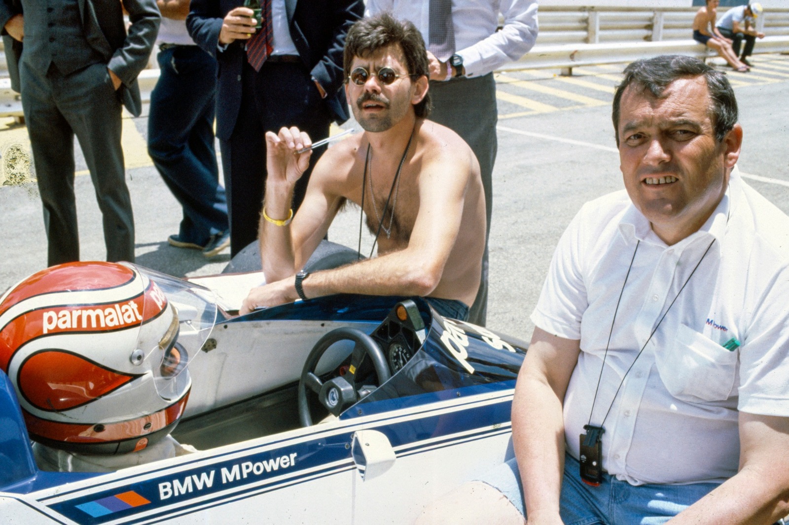BMW man Rosche (right), with Murray and Piquet (in car), led the push to get more power from the engine with fuel trickery