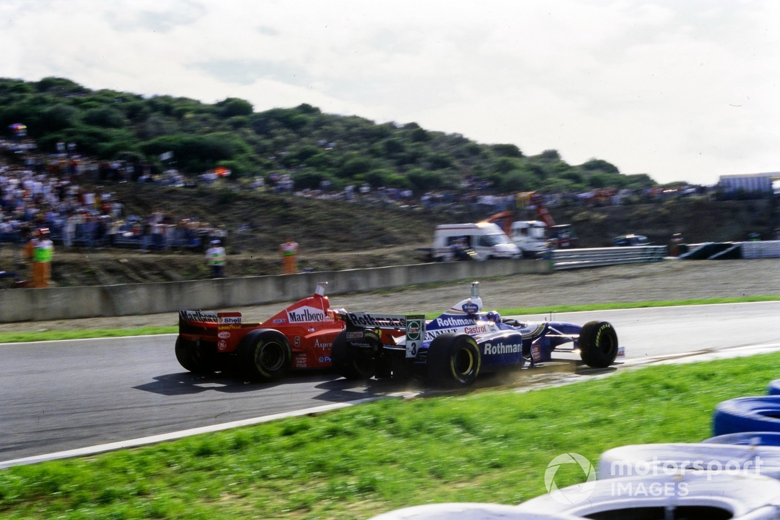The controversial collision between Schumacher and Villeneuve that overshadowed the 1997 F1 title fight