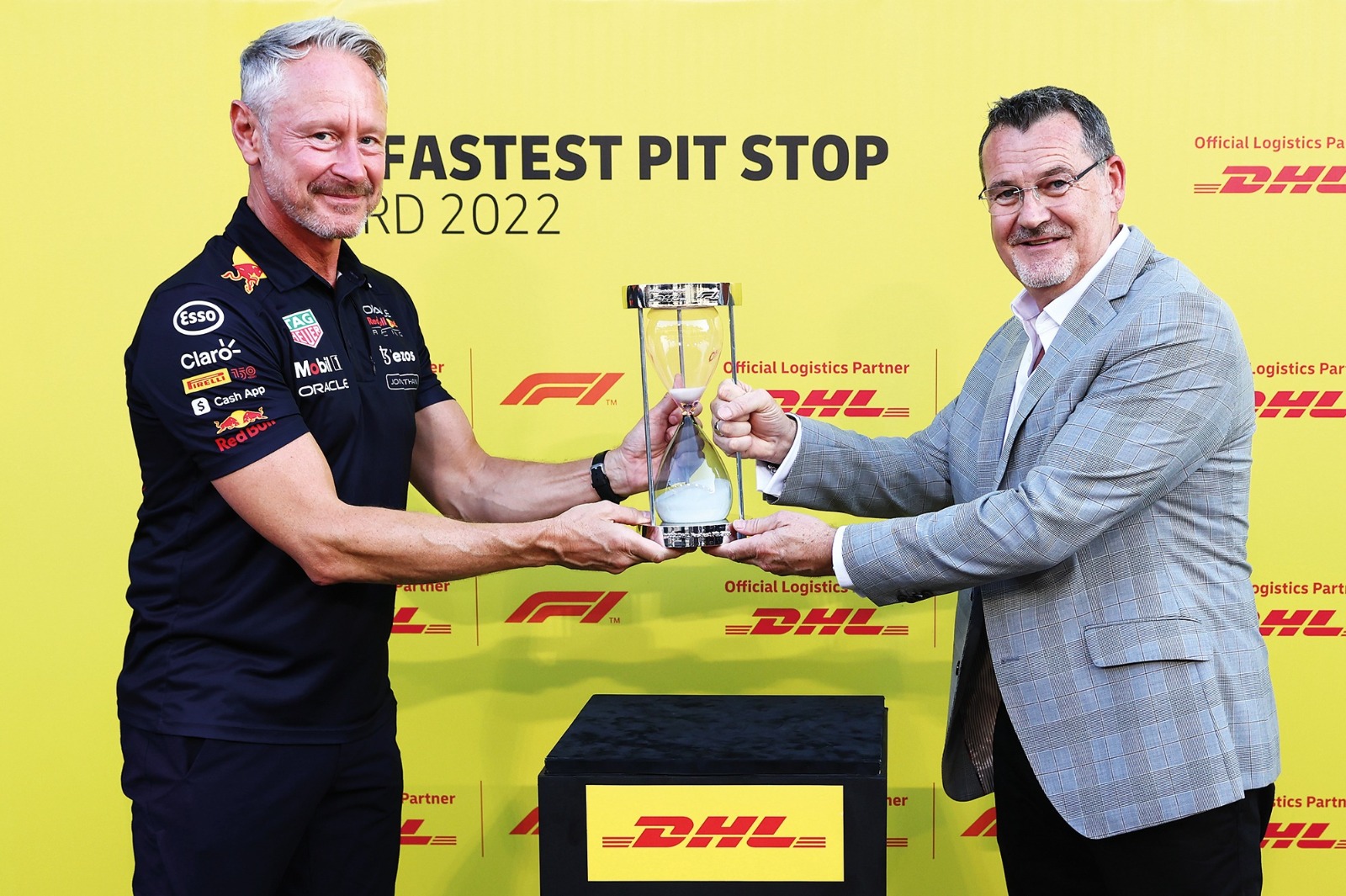Red Bull team manager Jonathan Wheatley is presented with the DHL Fastest Pitstop award in Abu Dhabi